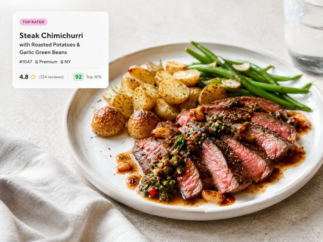 A Steak Chimichurri dish with a Top Rated card showing a 4.8 rating and a top 10% performance score