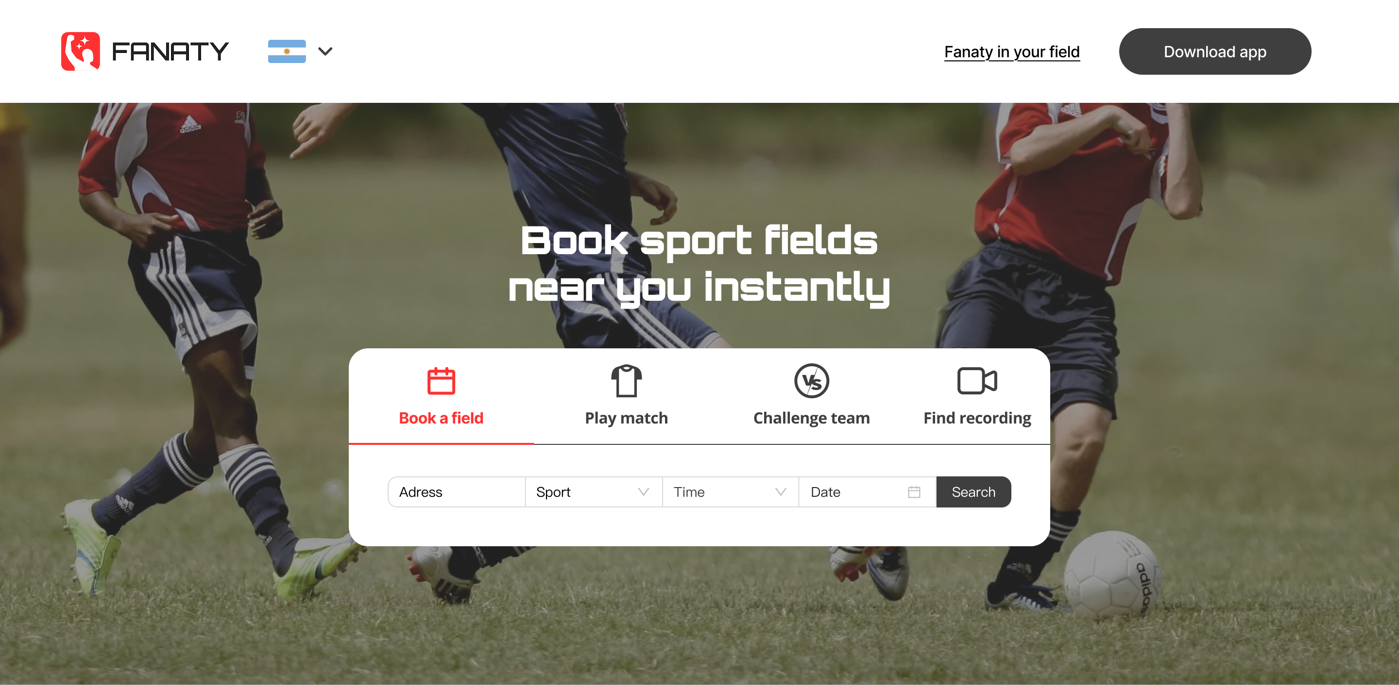Fanaty website: Book sport fields near you instantly, with field search by address, sport, time and date